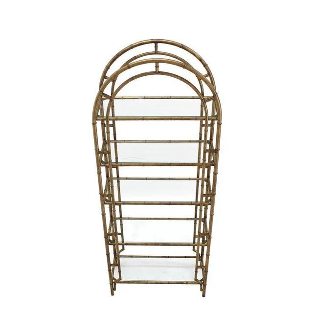 Early 20th Century Mid-Century Modern Faux Bamboo Arch Shape Glass Shelves Etagere For Sale - Image 5 of 8