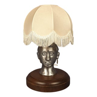 Sculptural Female Face Table Lamp in Aluminum and Wood, 1960s For Sale