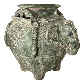 Vintage Asian Pottery Elephant Vase / Pot / Vessel in a Matte Green Glaze For Sale