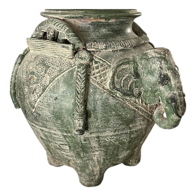 Vintage Asian Pottery Elephant Vase / Pot / Vessel in a Matte Green Glaze For Sale