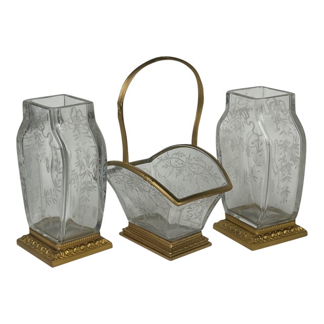 19th Century Baccarat Hand Carved Ormolu Mounted Garniture Set For Sale