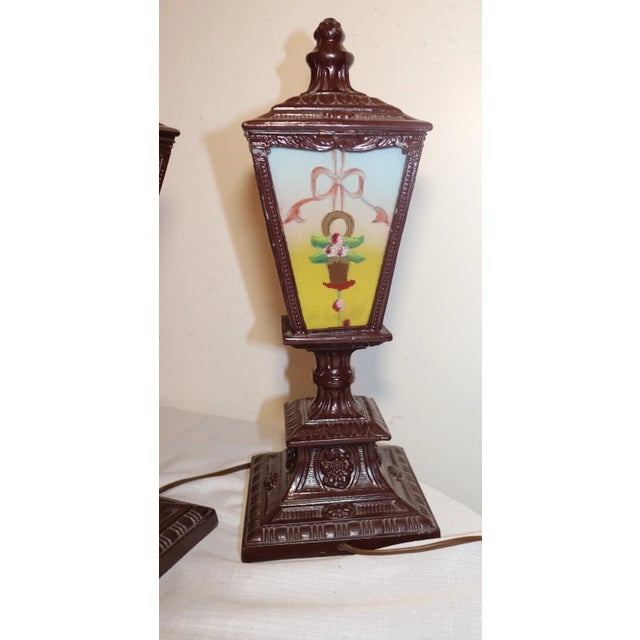 Pair of Antique Vintage Ornate Reverse Painted Glass Metal Table Boudoir Lamps For Sale - Image 10 of 12