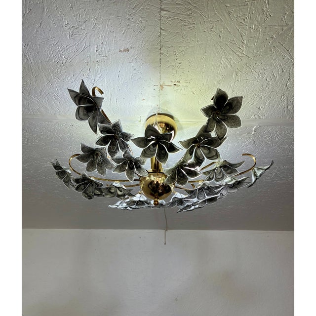 1980s Rare Black Murano Style Glass Floral Chandelier | Gothic Romantic Flush Mount Ceiling Light For Sale - Image 12 of 17
