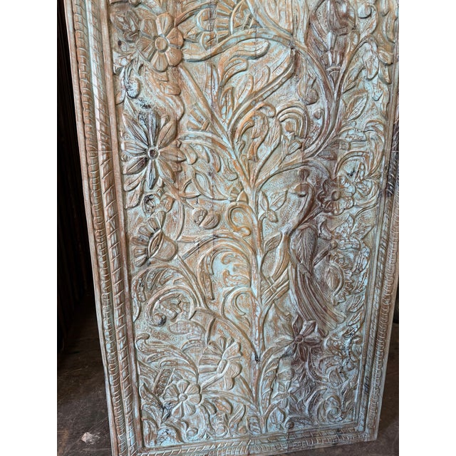 Blue Hand-Carved Tree of Life Wall Panel Door | Rustic Floral Wooden Art | Vintage Barn Door For Sale - Image 8 of 9