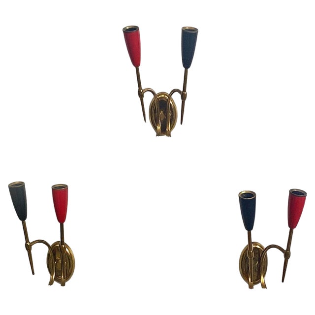 Mid-Century Modern Italian Two-Arm Brass Wall Lamps with Cone Lamp Holder, 1950s, Set of 3 For Sale