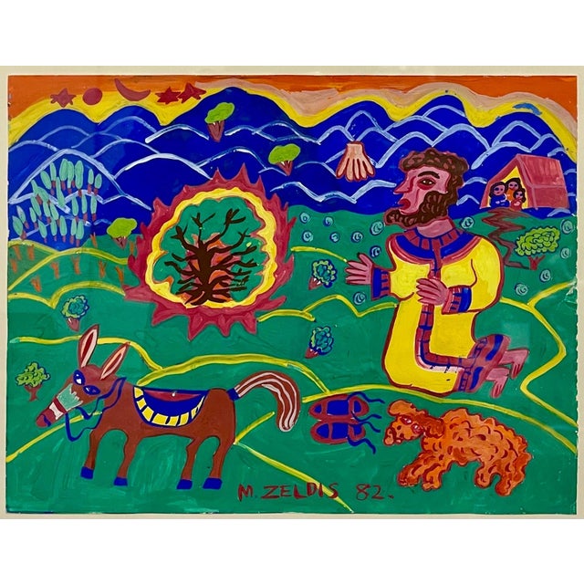 Folk Art Malcah Zeldis, Malcah Zeldis Folk Art Gouache Moses Bible Painting Self Taught Outsider Artist, 1982 For Sale - Image 3 of 9