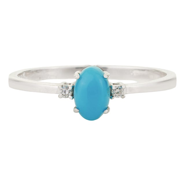 Oval Cut Turquoise & Diamond Solitaire Three Stone Ring in 14k Gold Size 4 For Sale