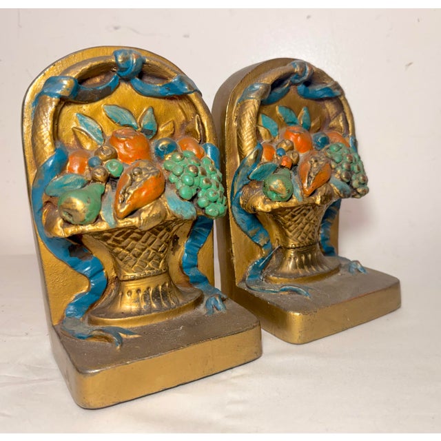 Figurative Large Pair Antique j.b. Hirsch Patinated Bronze Clad Fruit Baskets Bookends For Sale - Image 3 of 12