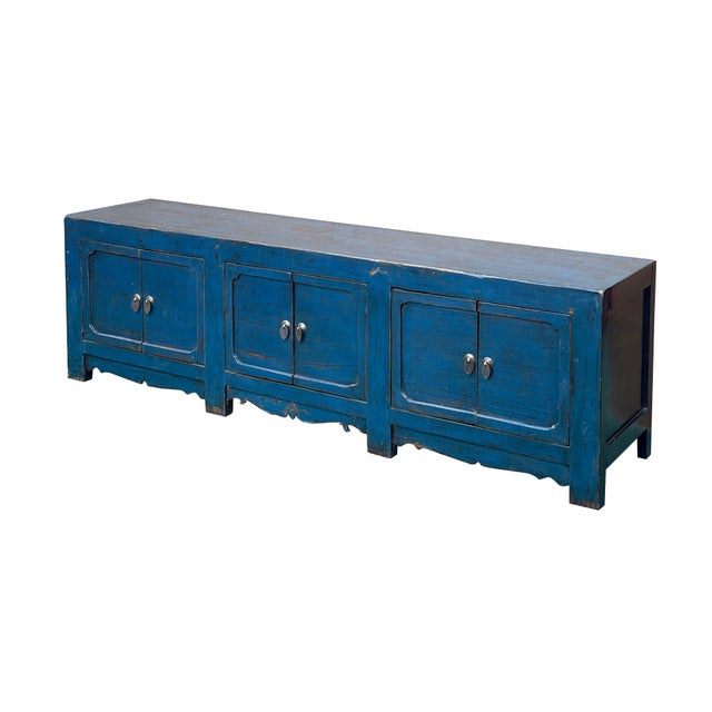 Rustic Vintage Distressed Cerulean Blue Doors Low Tv Stand Console Table Cabinet For Sale - Image 3 of 12