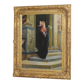 Large Framed Oil Painting on Canvas - Woman & Child Signed For Sale