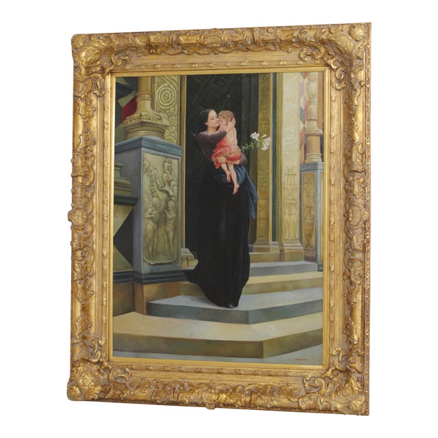 Large Framed Oil Painting on Canvas - Woman & Child Signed For Sale