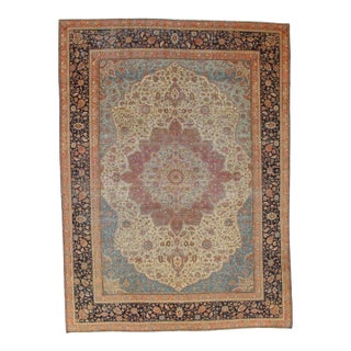 Antique Persian Mohtasham Kashan Carpet, Traditional, Soft, Ivory, Blue, Green For Sale