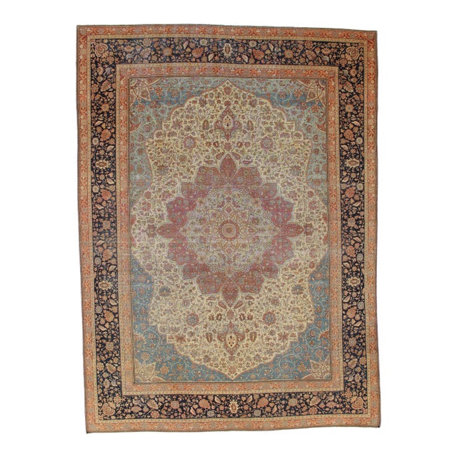 Antique Persian Mohtasham Kashan Carpet, Traditional, Soft, Ivory, Blue, Green For Sale