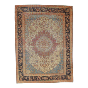 Antique Persian Mohtasham Kashan Carpet, Traditional, Soft, Ivory, Blue, Green