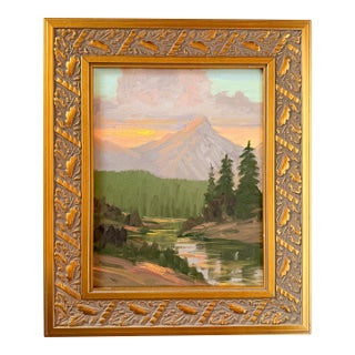 Mountain Landscape Painting on Canvas, Framed in Gilt Carved Oak Leaf Frame For Sale