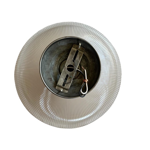 Metal 1930s Large Pagoda Shape and Stamped Holophane Shade on Old Nickel Plated Flushmount Holder For Sale - Image 7 of 7