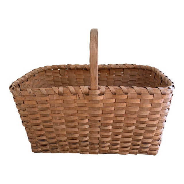 Antique Early 20th Century American Splint Oak Gathering Basket For Sale