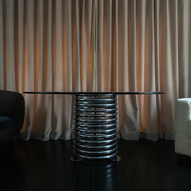 20th century Italian modernist dining table with chrome base and glass top by Marielena Bocaato, Antonio Zambusi, and Gian...