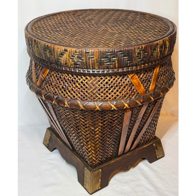 Vintage Chinese Woven Rattan Bamboo Storage Basket Side Table Brass Accent For Sale - Image 4 of 12