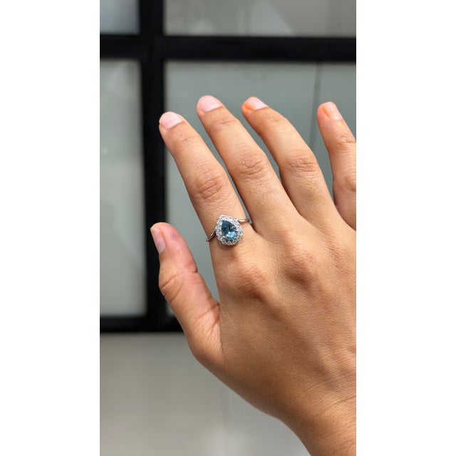 Mid-Century Modern Art Deco 14k White Gold 1 Ct Aquamarine and Diamond Halo Cocktail Ring Size 8 For Sale - Image 3 of 17