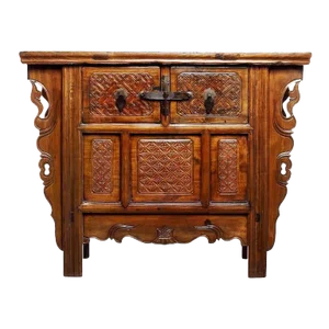 Antique Intricately Chinese Carved Altar Coffer With Two Drawers Over Doors