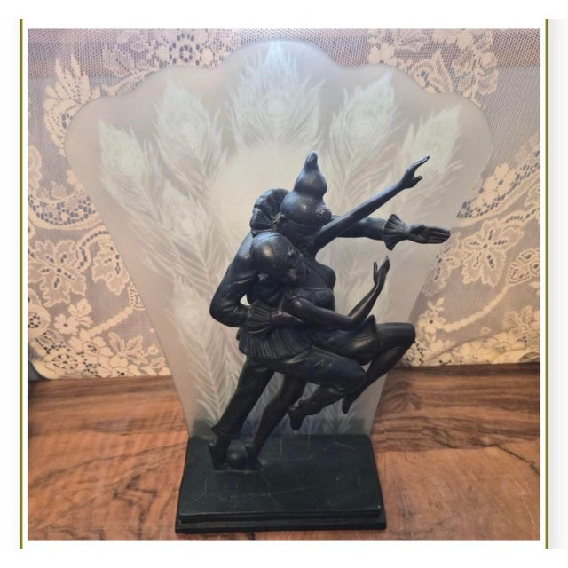 Vintage Illuminated Harlequin & Ballerina Table Lamp With Etched Peacock Glass, 18” For Sale In Seattle - Image 6 of 6