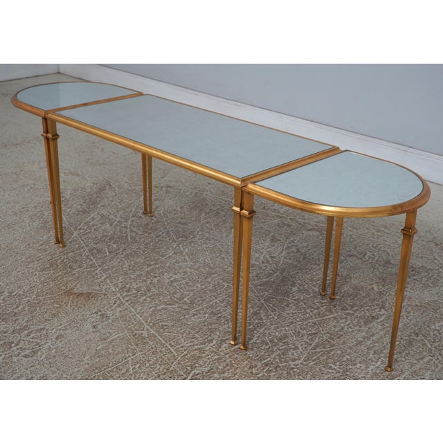 Age: c2012 Details: Stunning Decorator Table Nice Gold Finish Factory Distressed Mirror Glass Top 3 Pieces High Quality...
