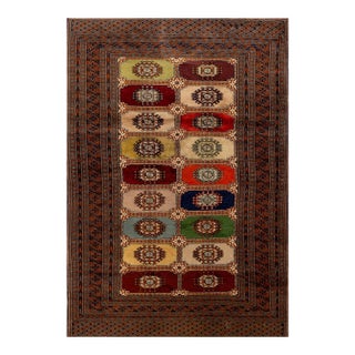 1960s Multicolor Geometric Antique Baluch-Turkmen Rug 4'0" X5'8" Handknotted Wool Carpet For Sale