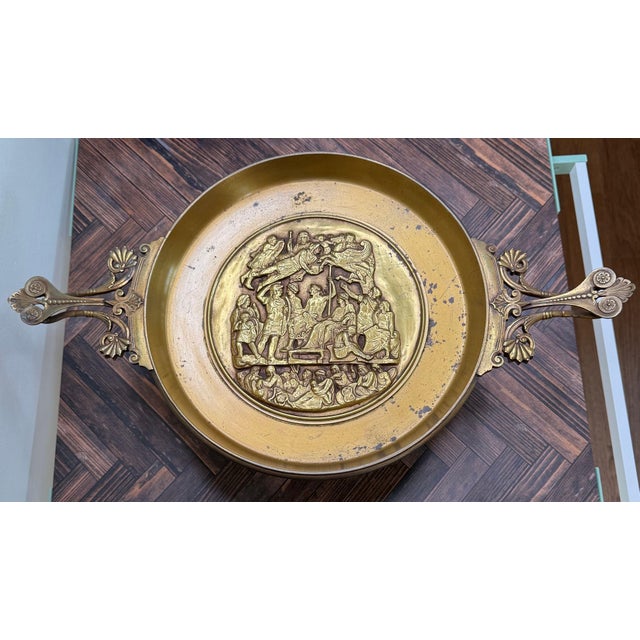 Brass Antique French Empire Brass Tazza — Classical Apotheosis Relief Medallion — Torch Handles — Greek Key Rim — Footed Pedestal — 22.5 Inches For Sale - Image 8 of 8