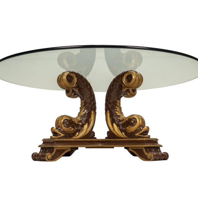 1980s Italian Neoclassical Style Gilt Scroll Base Round Glass Coffee Table Hollywood Regency For Sale - Image 4 of 14