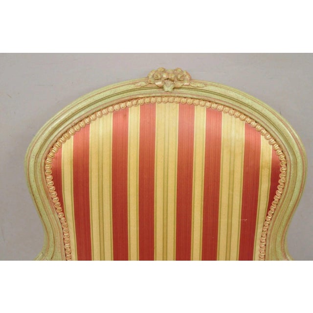Vintage French Louis XV Style Green & Pink Painted Arm Chair W/ Striped Fabric For Sale - Image 4 of 12