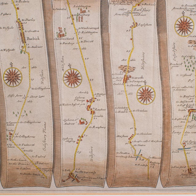 Beige Antique Coaching Map, Salisbury to Campden, English, Framed Cartography, Ogilby For Sale - Image 8 of 12