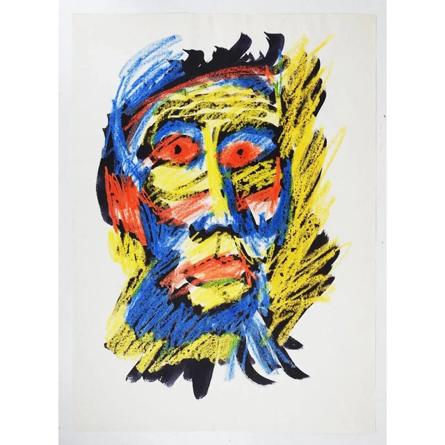 Late 20th century mixed media with oil pastel on thin paper fauvist portrait painting. Unsigned. Unframed.