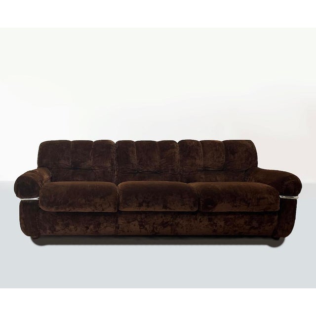 Detail of sofa by ernesto radaelli model 'wopps', 1970 composed of brown fabric with structure supported by chromed...