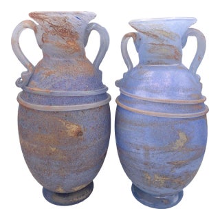 Pair of Mid-Century Murano Blue Scavo Glass Amphora Vases. For Sale