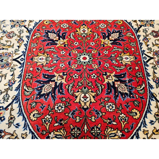 Vintage Qum Area Rug, Hand-Knotted Wool & Silk, Floral Medallion Pattern, 5x7, Ivory & Red For Sale - Image 17 of 18