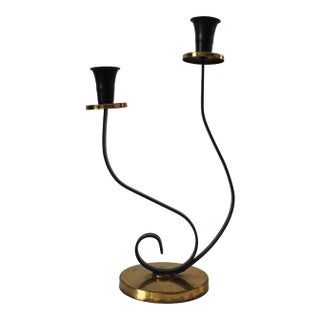 Mid-Century Black Metal and Brass Scrolled Double-Candle Holder For Sale