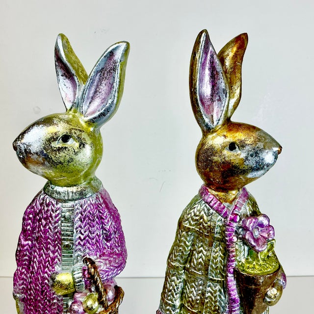 Shabby Chic Vintage Boho Chic Shabby Chic Foil Wrapped Plaster Tall Rabbits - A Pair - Easter For Sale - Image 3 of 14