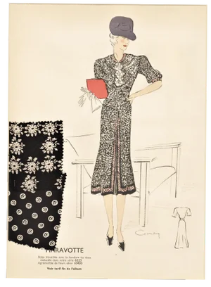 1930's Large Hand-Colored Fashion Design With Swatches, Matted
