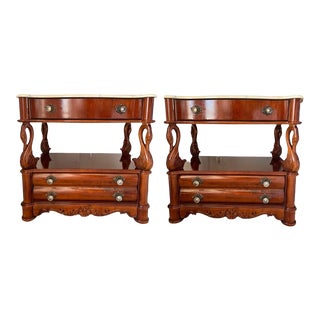 Marble Top Vintage Pulaski Swan Mahogany Nightstands - Set of 2 For Sale
