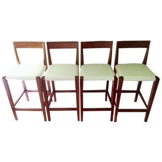 Wood & White Leather Counter Stools - Set of 4 For Sale