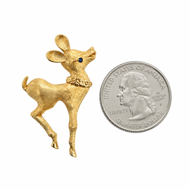 Mid-Century Modern Mid-Century 14k Yellow Gold Reindeer Pin With Sapphire Eye For Sale - Image 3 of 4