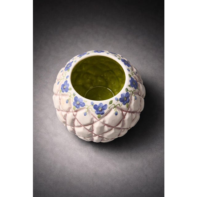 Farmhouse Vintage Handcrafted Folk Art Ceramic Vase With Faceted Lattice Form and Floral Rim For Sale - Image 3 of 5