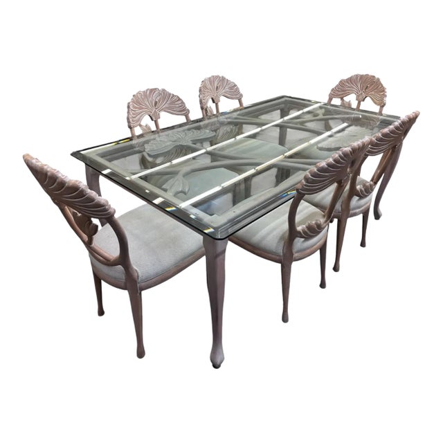 Late 20th Century Lime Wash Lotus Floral Carved Dining Set in the Manner of Phyllis Morris For Sale