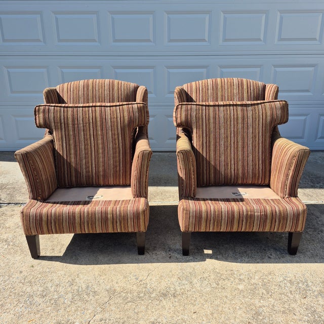 Brown 2010 Stratford Caye Large-Scale Modern Wingback Arm Chairs Brown Striped Upholstery - A Pair For Sale - Image 8 of 10