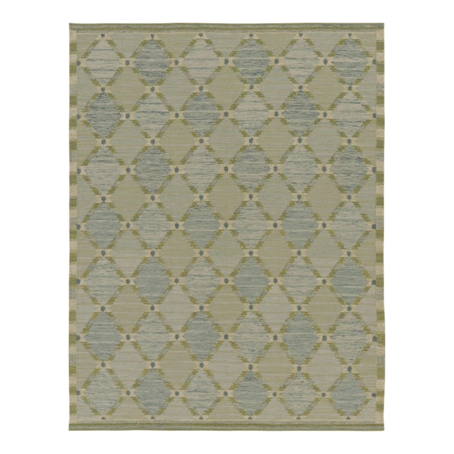 Rug & Kilim’s Scandinavian-Inspired Rug in Sage and Blue With Diamond Lattice For Sale