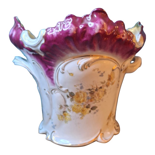 Antique Victorian Porcelain Jardinière Planter Centerpiece Yellow Roses Gold Gilt Plum 11" For Sale