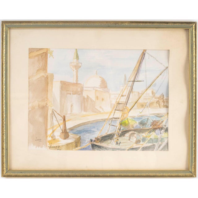 This watercolor on paper by evelyne luez is a luminous artwork depicting the historic port of saint-jean d'acre. Created...