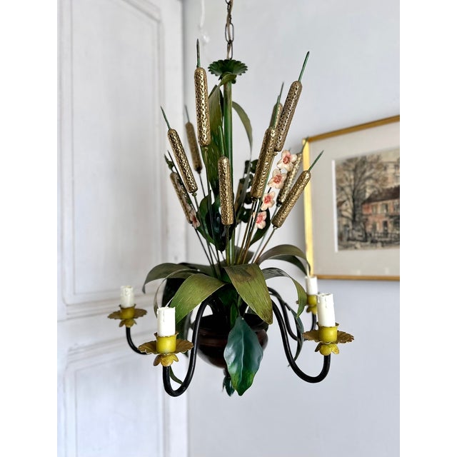 1970s French Country Tole Botanical Five-Light Chandelier with Cattails and Flowers, 1960s For Sale - Image 5 of 17