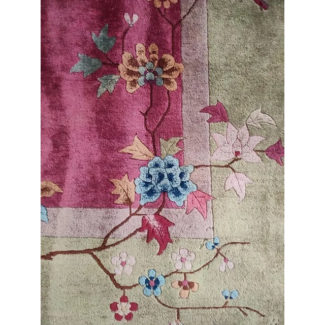 1920s Raspberry Pink Open Field Floral Antique Chinese Art Deco Carpet Wool Rug For Sale - Image 10 of 12